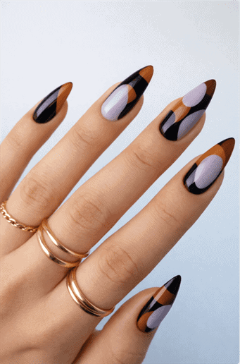 Abstract black and brown almond-shaped nails with glossy finish and soft lavender geometric accents on long natural nails