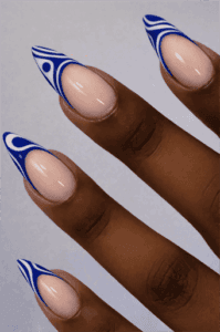 Abstract Electric blue French tip nails with swirl design on nude base, long almond-shaped minimalist manicure