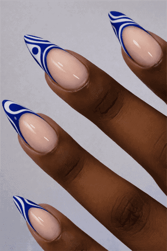 Abstract Electric blue French tip nails with swirl design on nude base, long almond-shaped minimalist manicure