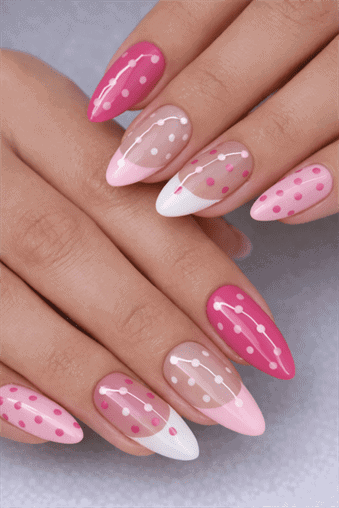 Pink and white almond nails with polka dot design and glossy finish, romantic minimalist nail art with sheer nude accents