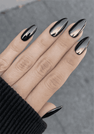 Medium almond-shaped nails with mirror chrome black finish, ultra-glossy reflective metallic effect, sleek minimalist high-shine futuristic nail design