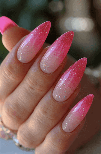 Long almond nails with pink glitter ombre fade from nude base, sparkling gradient effect with glossy finish and glamorous high-shine nail design