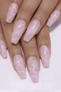 Long coffin nails with soft pink marble pattern, subtle white veining with glossy finish and elegant minimalist stone-inspired nail design