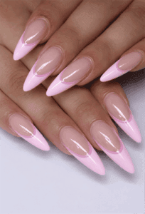 Stiletto-shaped French manicure nails with a modern twist: clear base with light pink tips and a darker pink accent line.