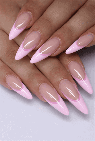 Stiletto-shaped French manicure nails with a modern twist: clear base with light pink tips and a darker pink accent line.