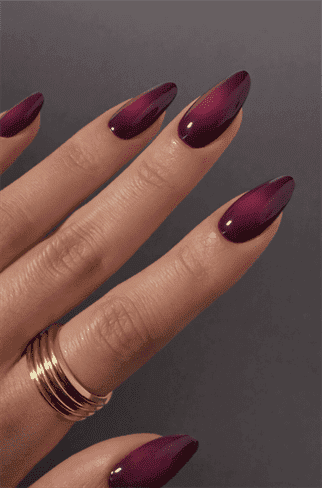 Burgundy purple ombre almond nails with glossy gradient fade, dark wine color nail design on long nails