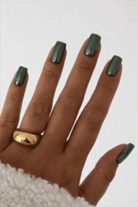 Deep green chrome square nails with metallic glossy finish, short modern manicure in olive green tone