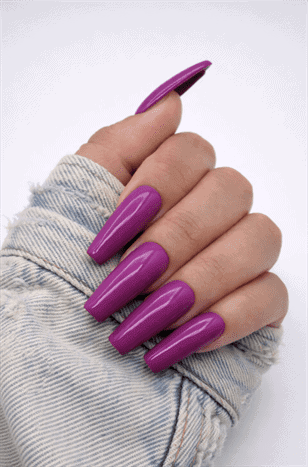 Glossy magenta purple coffin nails with high-shine finish, long acrylic solid color nail design