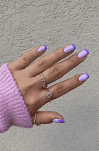 Lavender French tip nails with purple edge on short square nails, glossy minimalist manicure design