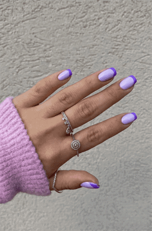 Lavender French tip nails with purple edge on short square nails, glossy minimalist manicure design