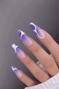 Lilac aura French tip almond nails with glossy finish, purple gradient nail design on nude base