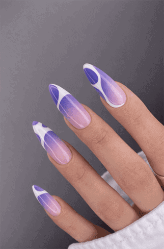 Lilac aura French tip almond nails with glossy finish, purple gradient nail design on nude base