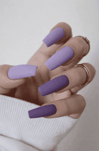 Matte lilac and plum coffin nails with solid color design, long square acrylic nails in purple tones
