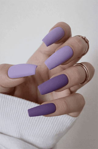 Matte lilac and plum coffin nails with solid color design, long square acrylic nails in purple tones