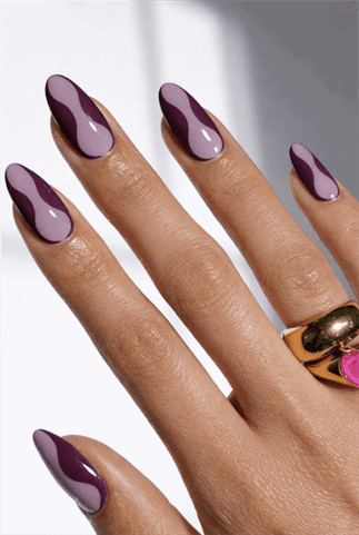 Mauve and plum abstract almond nails with glossy finish, two-tone wave nail design on long manicure