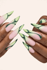 Neon green abstract stiletto nails with nude base and glossy finish, long pointed nails with modern swirl design