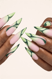 Neon green abstract stiletto nails with nude base and glossy finish, long pointed nails with modern swirl design