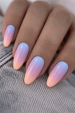 Pastel sunset ombre almond nails with blue, pink and peach gradient, glossy soft blend manicure