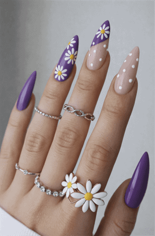 Purple daisy almond nails with floral nail art and white polka dot accent nails, glossy long manicure