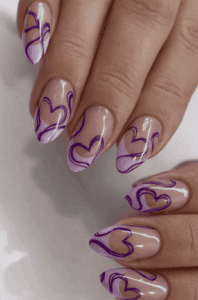 Purple heart outline almond nails with glossy nude base, abstract romantic nail art design