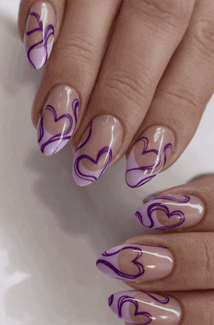 Purple heart outline almond nails with glossy nude base, abstract romantic nail art design
