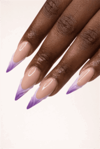 Purple ombre flame French tip nails on nude base with glossy finish, long almond-shaped abstract nail design