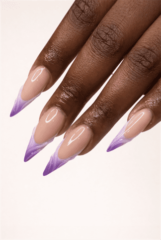 Purple ombre flame French tip nails on nude base with glossy finish, long almond-shaped abstract nail design