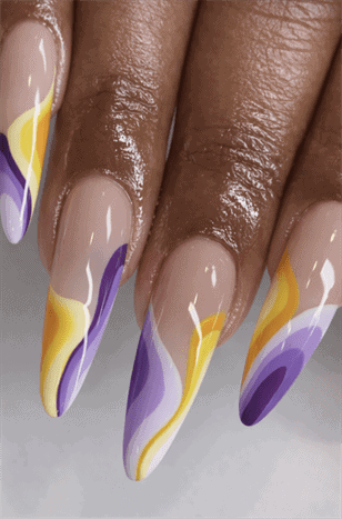 Yellow and purple swirl almond nails with glossy nude base, abstract wave nail design on long manicure