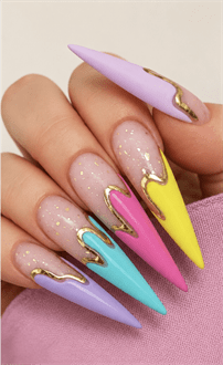 Abstract pastel drip stiletto nails with gold chrome accents, colorful glossy nail design on nude base