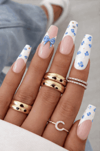 Blue floral French tip square nails with nude base, glossy long acrylic nails with bow accent design