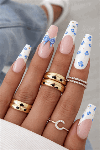Blue floral French tip square nails with nude base, glossy long acrylic nails with bow accent design