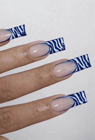 Blue zebra print French tip square nails with nude base, glossy animal print nail design on long nails