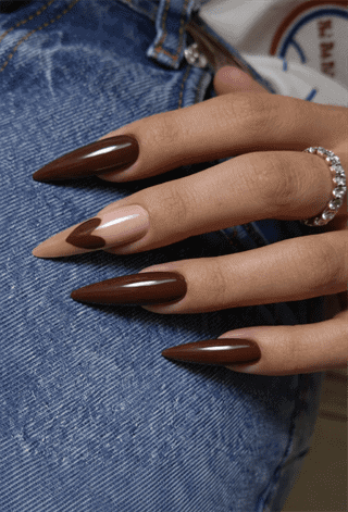 Chocolate brown almond nails with glossy finish and nude accent nail with heart design, elegant neutral manicure