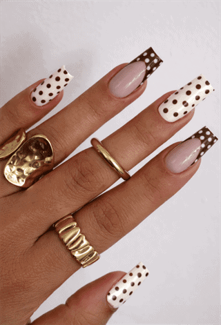 Brown polka dot French tip nails with nude base, glossy square acrylic nails with chocolate dot design