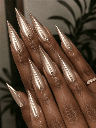 Champagne chrome stiletto nails with mirror metallic finish, luxury high-shine nail design on long pointed acrylic nails