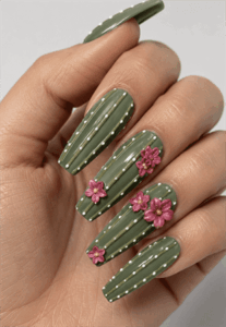 Desert cactus floral coffin nails with sage green striped design, pink 3D flower accents and glossy botanical nail art