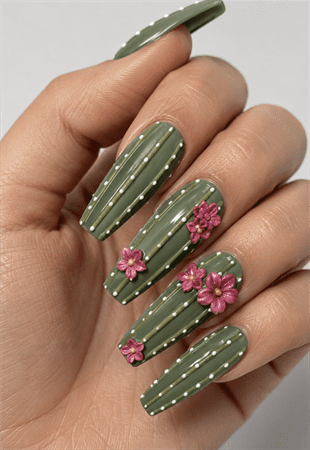 Desert cactus floral coffin nails with sage green striped design, pink 3D flower accents and glossy botanical nail art