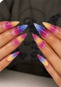 Electric sunset ombre stiletto nails with pink, purple and yellow gradient, glossy aura nail design