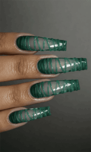 Emerald green jelly wrap coffin nails with translucent finish, abstract ribbon nail art and glossy acrylic design