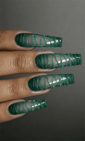 Emerald green jelly wrap coffin nails with translucent finish, abstract ribbon nail art and glossy acrylic design