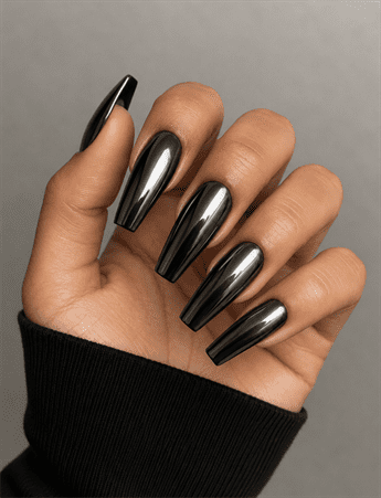 Glossy black coffin nails with mirror shine finish, sleek monochrome acrylic nail design on long nails