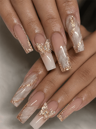 Gold marble butterfly coffin nails with white stone effect, rose gold foil accents and 3D crystal butterfly nail art