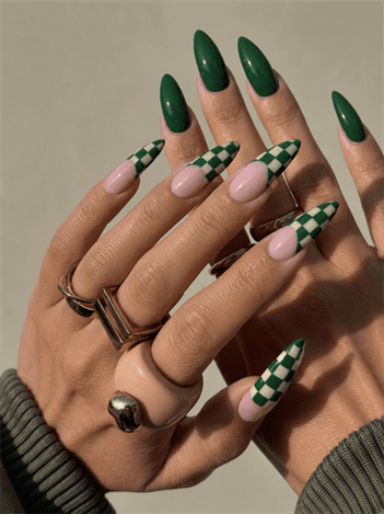 Green checkerboard almond nails with glossy emerald accents, trendy retro nail design on nude pink base