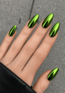 Metallic green chrome almond nails with mirror finish, glossy reflective nail design on medium-length almond nails
