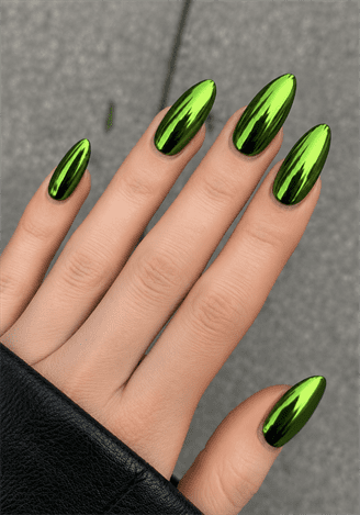 Metallic green chrome almond nails with mirror finish, glossy reflective nail design on medium-length almond nails