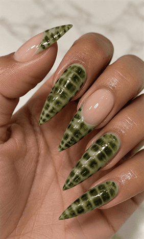 Green crocodile aura stiletto nails with glossy reptile texture, luxury animal print nail design on long pointed nails