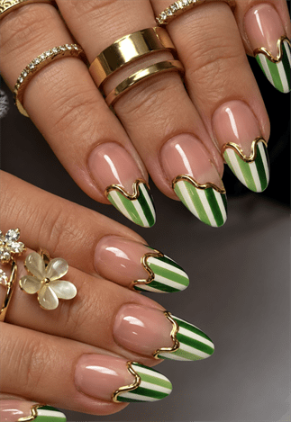 Green striped French tip almond nails with gold chrome outline, glossy nude base nail design featuring elegant wave detailing
