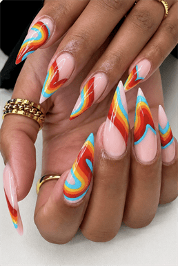 Groovy rainbow swirl stiletto nails with glossy finish, colorful retro wave nail design on nude base”