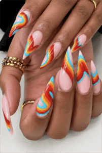 Groovy rainbow swirl stiletto nails with glossy finish, colorful retro wave nail design on nude base