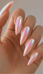 Iridescent aurora chrome stiletto nails with glossy holographic finish, pearlescent pink nail design on long nails